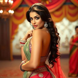 A glamorous Bollywood heroine posing provocatively, exuding confidence and allure; her stunning traditional attire highlights her curves, embracing Bollywood's blend of elegance and sensuality