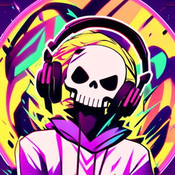 Anime-style profile picture featuring a friendly, dope-looking skull wearing sleek black headphones, surrounded by intense glitch effects within a vibrant, funky circular border.