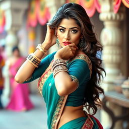 A glamorous Bollywood heroine posing provocatively, exuding confidence and allure; her stunning traditional attire highlights her curves, embracing Bollywood's blend of elegance and sensuality