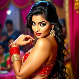 A glamorous Bollywood heroine posing provocatively, exuding confidence and allure; her stunning traditional attire highlights her curves, embracing Bollywood's blend of elegance and sensuality