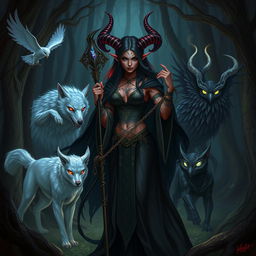 A dynamic and mystical depiction of a Tiefling witch surrounded by an array of magical animals in a fantasy setting