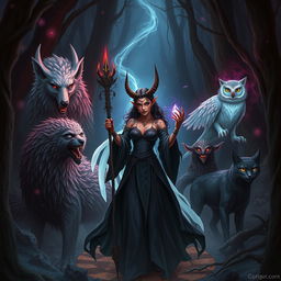 A dynamic and mystical depiction of a Tiefling witch surrounded by an array of magical animals in a fantasy setting