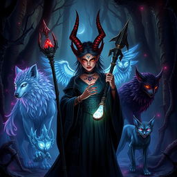 A dynamic and mystical depiction of a Tiefling witch surrounded by an array of magical animals in a fantasy setting