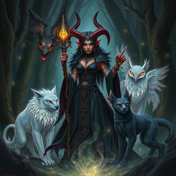 A dynamic and mystical depiction of a Tiefling witch surrounded by an array of magical animals in a fantasy setting