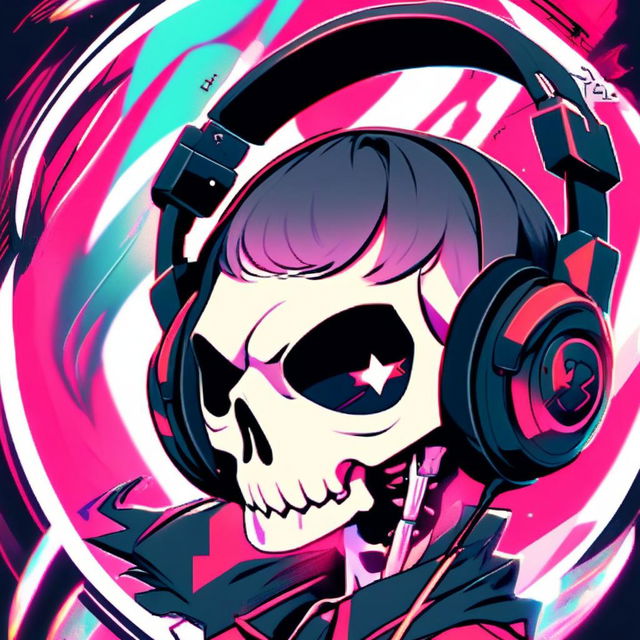 Anime-style profile picture featuring a friendly, dope-looking skull wearing sleek black headphones, surrounded by intense glitch effects within a vibrant, funky circular border.