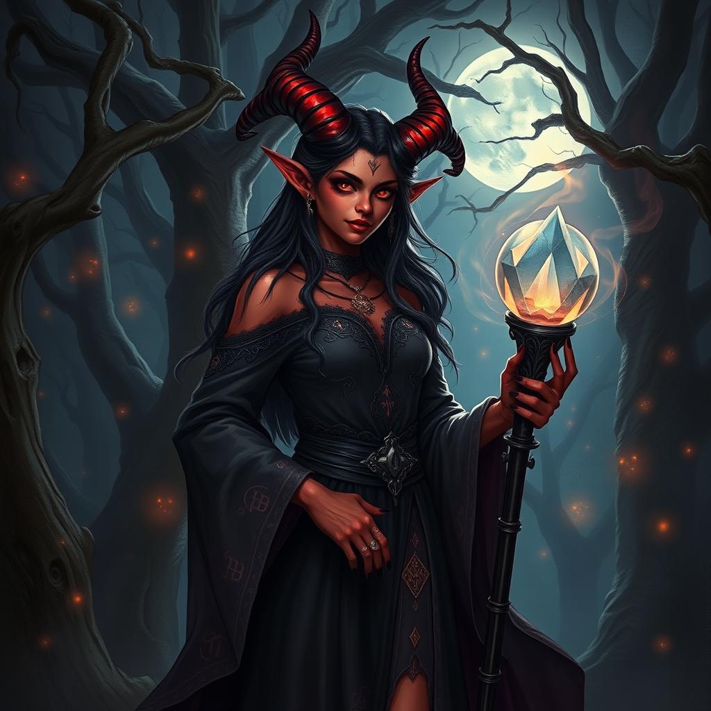 A mystical tiefling witch with an aura of magic, standing confidently in a dark enchanted forest