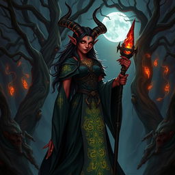 A mystical tiefling witch with an aura of magic, standing confidently in a dark enchanted forest