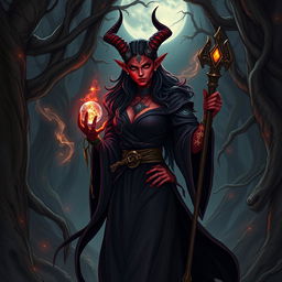 A mystical tiefling witch with an aura of magic, standing confidently in a dark enchanted forest