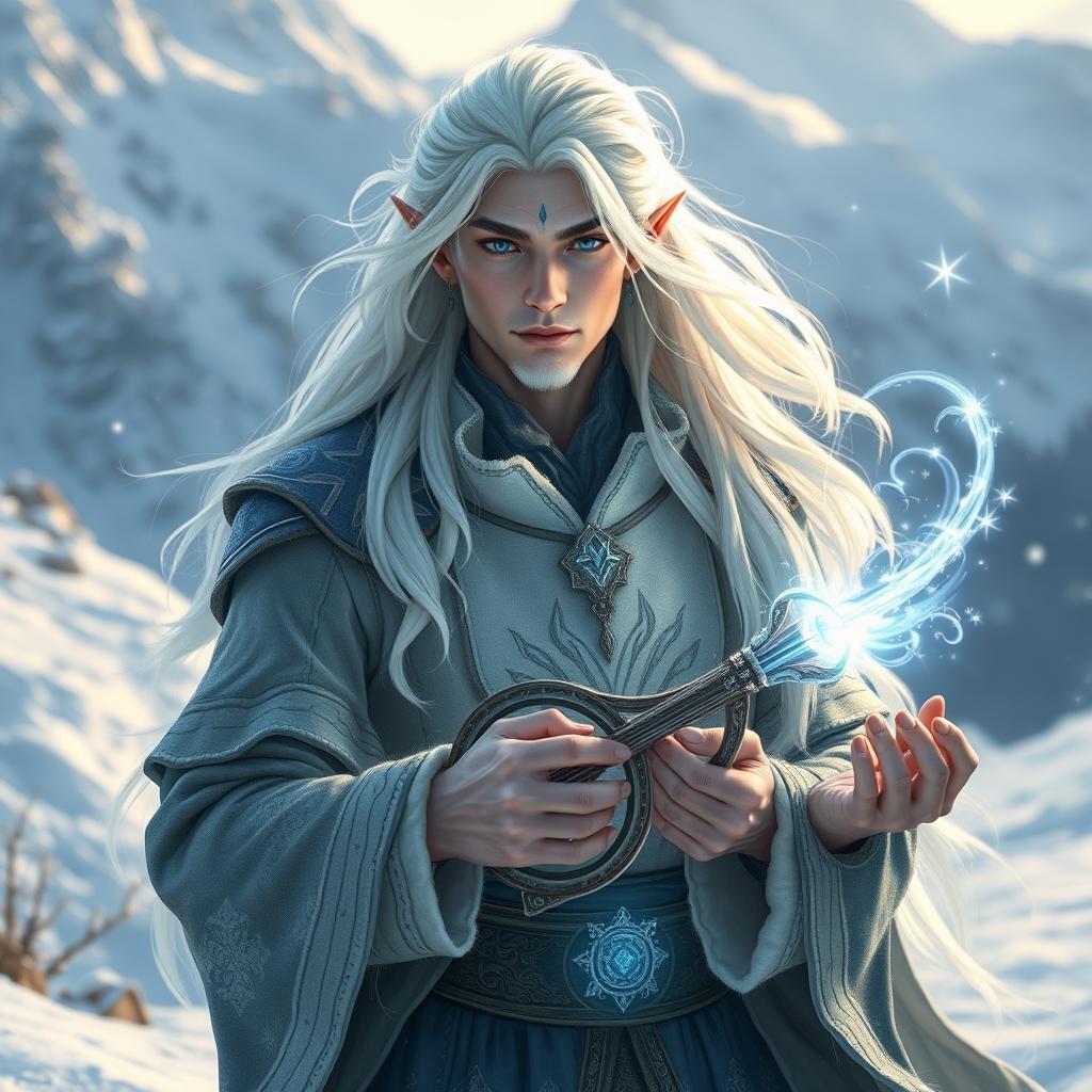 A captivating white-haired winter eladrin bard-sorcerer, elegantly posed on a snowy mountainside