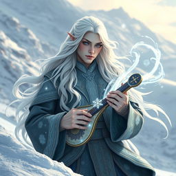 A captivating white-haired winter eladrin bard-sorcerer, elegantly posed on a snowy mountainside