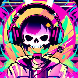 Anime-style profile picture featuring a friendly, dope-looking skull wearing sleek black headphones, surrounded by intense glitch effects within a vibrant, funky circular border.