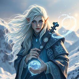 A captivating white-haired winter eladrin bard-sorcerer, elegantly posed on a snowy mountainside