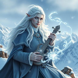 A captivating white-haired winter eladrin bard-sorcerer, elegantly posed on a snowy mountainside