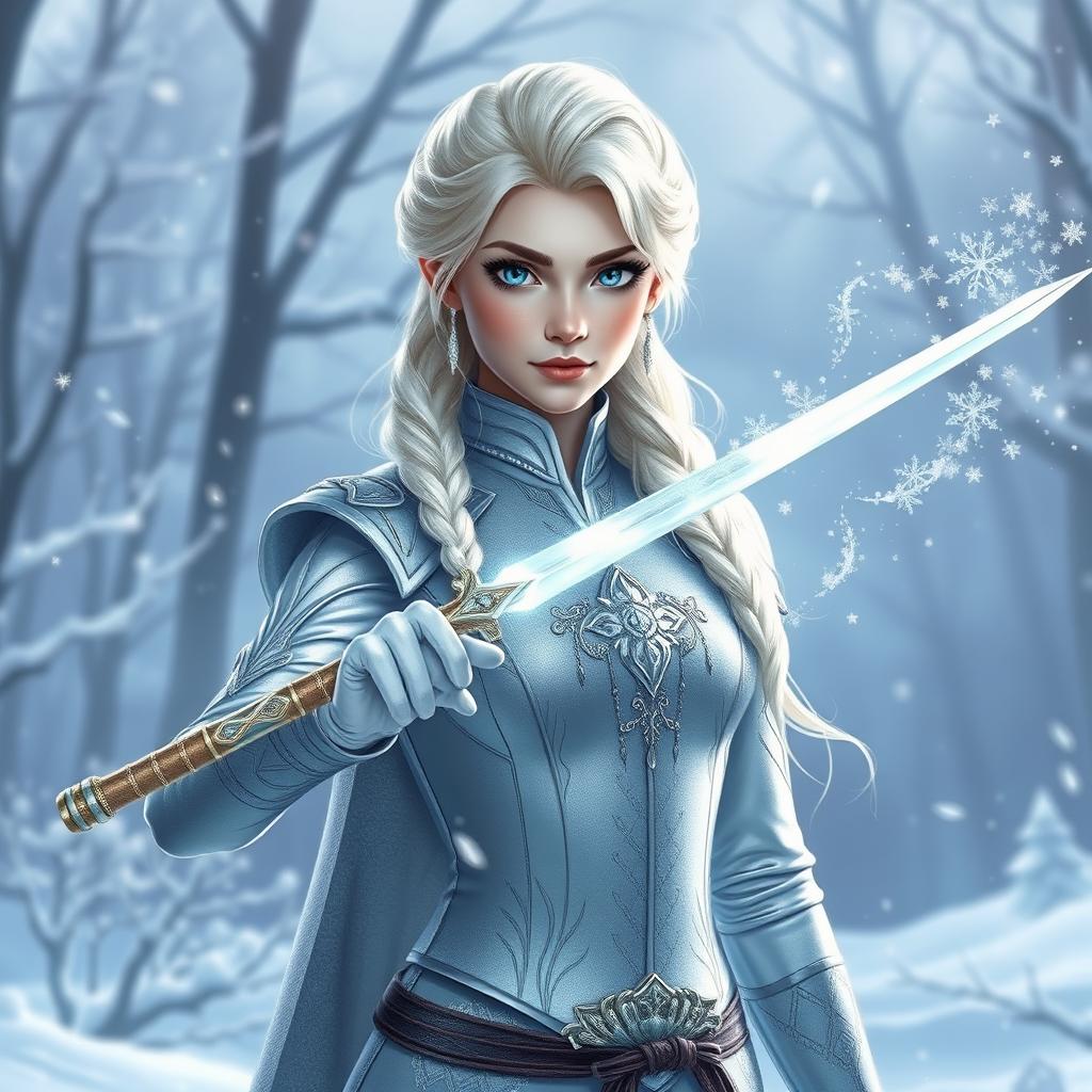 A majestic depiction of Elsa reimagined as a wonder eladrin fencer