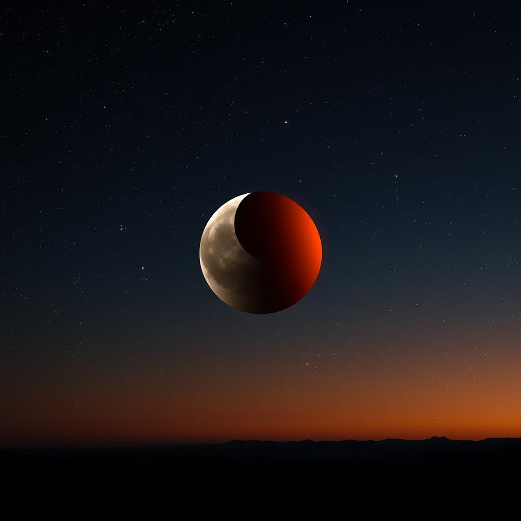 A captivating scene of a lunar eclipse in progress, with the moon partially shadowed creating a mesmerizing display of celestial beauty