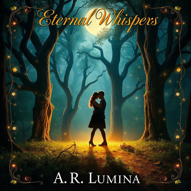 An enchanting book cover depicting a romantic scene in the heart of a lush, magical forest