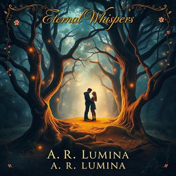 An enchanting book cover depicting a romantic scene in the heart of a lush, magical forest