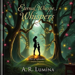 An enchanting book cover depicting a romantic scene in the heart of a lush, magical forest