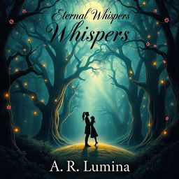 An enchanting book cover depicting a romantic scene in the heart of a lush, magical forest