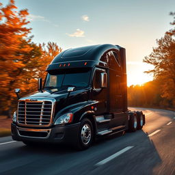 a shiny black Freightliner Cascadia truck driving through a scenic route at sunset