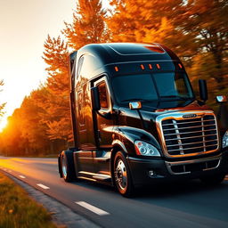 a shiny black Freightliner Cascadia truck driving through a scenic route at sunset