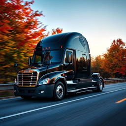 a shiny black Freightliner Cascadia truck driving through a scenic route at sunset