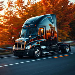 a shiny black Freightliner Cascadia truck driving through a scenic route at sunset