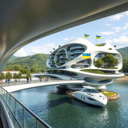 A futuristic architectural scene featuring a bridge with high bionic arches