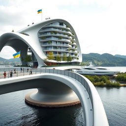 A futuristic architectural scene featuring a bridge with high bionic arches