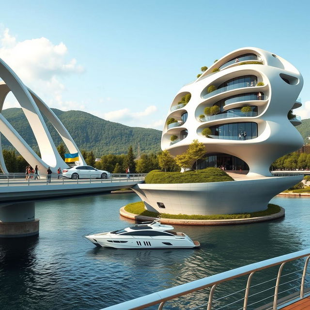 A futuristic architectural scene featuring a bridge with high bionic arches