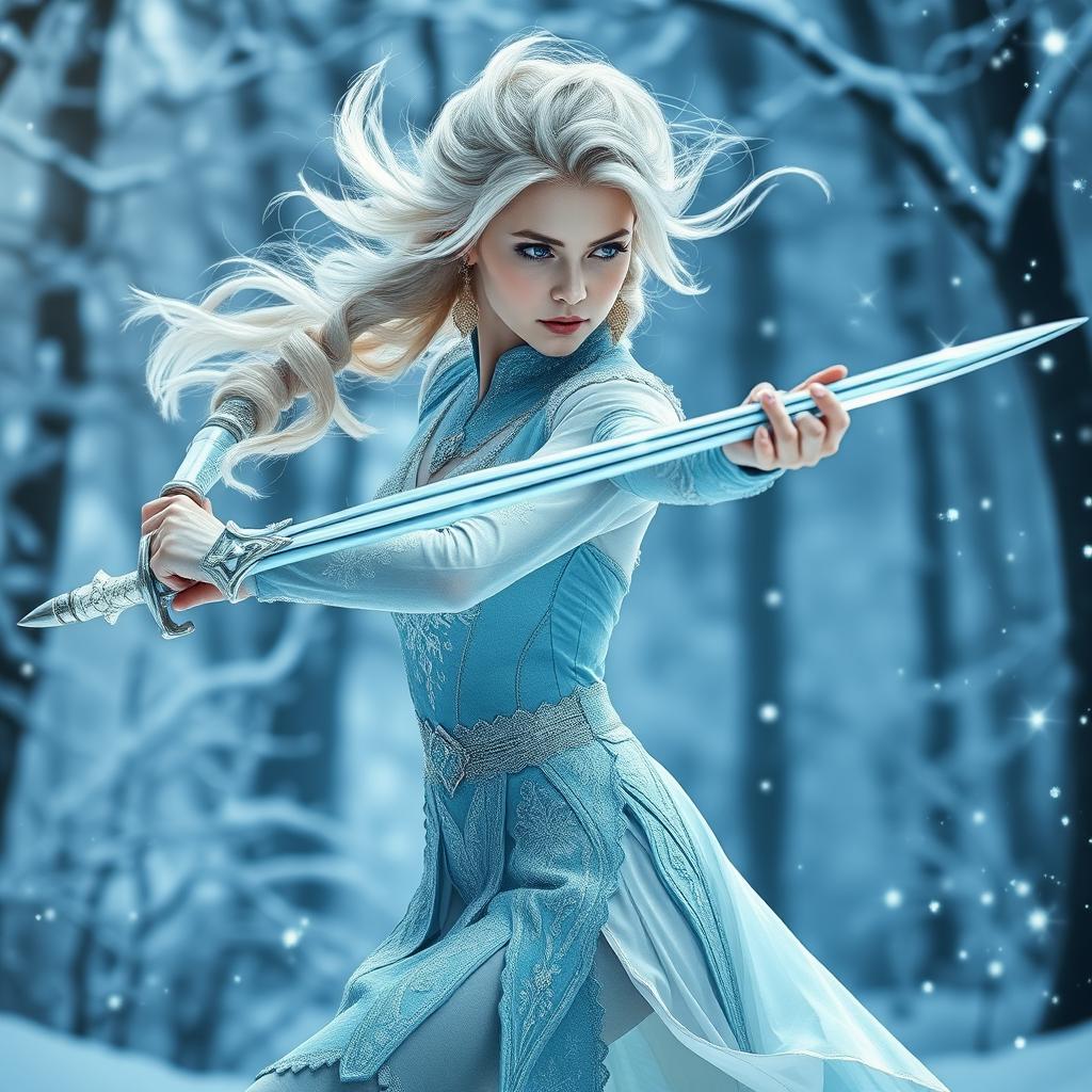 A stunning representation of Elsa as a winter eladrin sword-dancer, set against the backdrop of a snow-draped enchanted forest