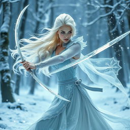 A stunning representation of Elsa as a winter eladrin sword-dancer, set against the backdrop of a snow-draped enchanted forest