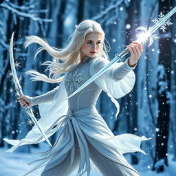 A stunning representation of Elsa as a winter eladrin sword-dancer, set against the backdrop of a snow-draped enchanted forest