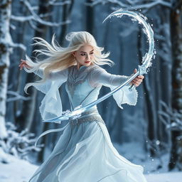 A stunning representation of Elsa as a winter eladrin sword-dancer, set against the backdrop of a snow-draped enchanted forest