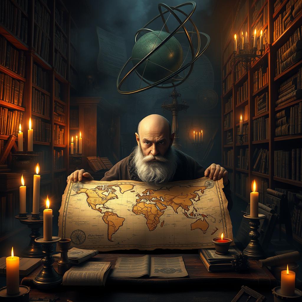 A mysterious scene depicting the secrets of humanity, showcasing an ancient library filled with enigmatic artifacts and old scrolls