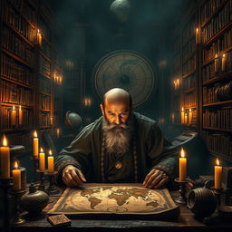 A mysterious scene depicting the secrets of humanity, showcasing an ancient library filled with enigmatic artifacts and old scrolls