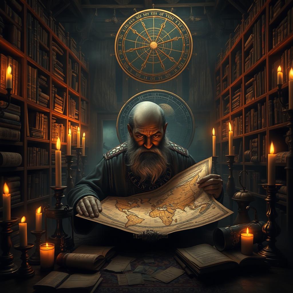 A mysterious scene depicting the secrets of humanity, showcasing an ancient library filled with enigmatic artifacts and old scrolls