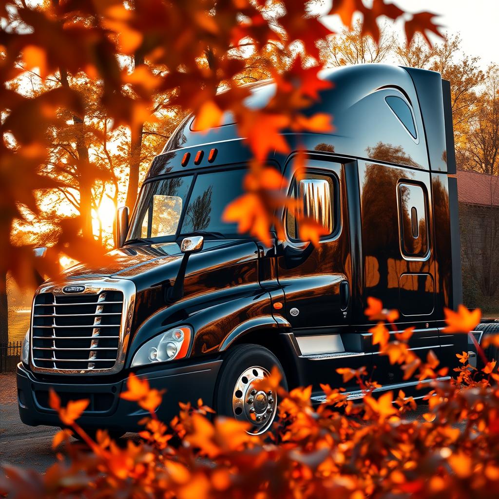 a glossy black Freightliner Cascadia truck amidst a setting sun, enveloped by the hues of autumn foliage