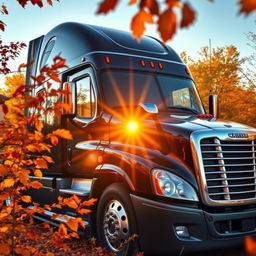 a glossy black Freightliner Cascadia truck amidst a setting sun, enveloped by the hues of autumn foliage