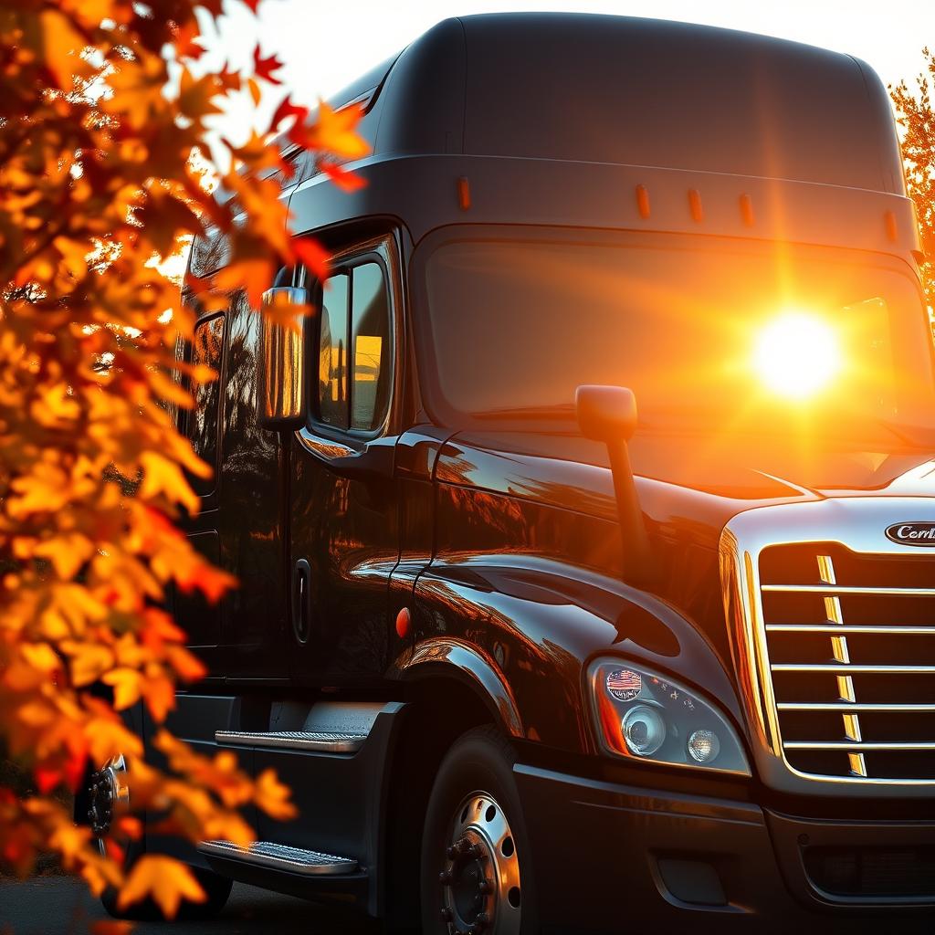 a glossy black Freightliner Cascadia truck amidst a setting sun, enveloped by the hues of autumn foliage