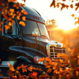 a glossy black Freightliner Cascadia truck amidst a setting sun, enveloped by the hues of autumn foliage