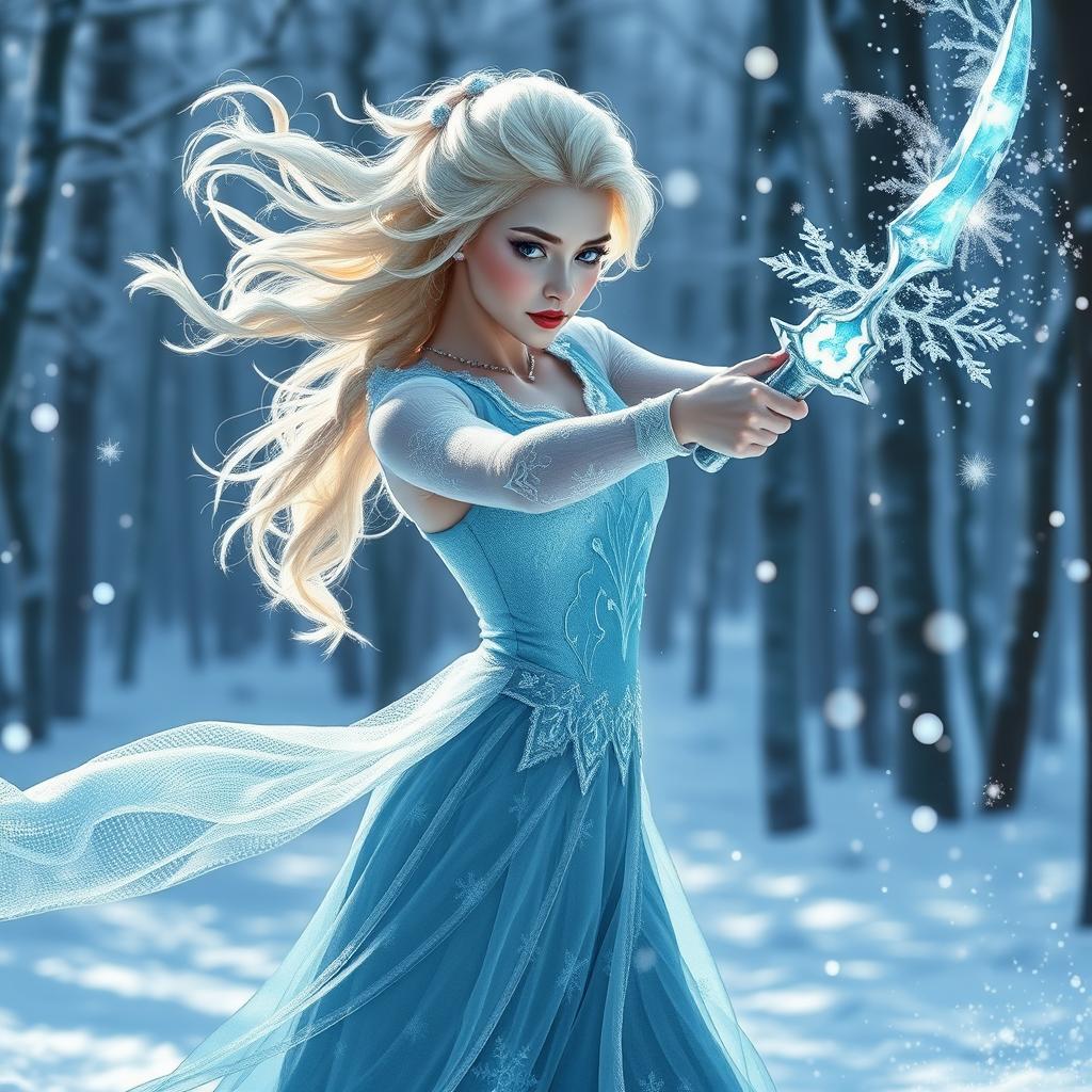 A breathtaking depiction of Elsa as a winter eladrin sword-dancing ice sorcerer