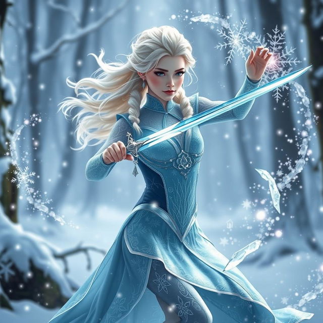 A breathtaking depiction of Elsa as a winter eladrin sword-dancing ice sorcerer