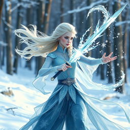 A breathtaking depiction of Elsa as a winter eladrin sword-dancing ice sorcerer