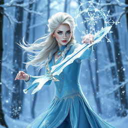 A breathtaking depiction of Elsa as a winter eladrin sword-dancing ice sorcerer