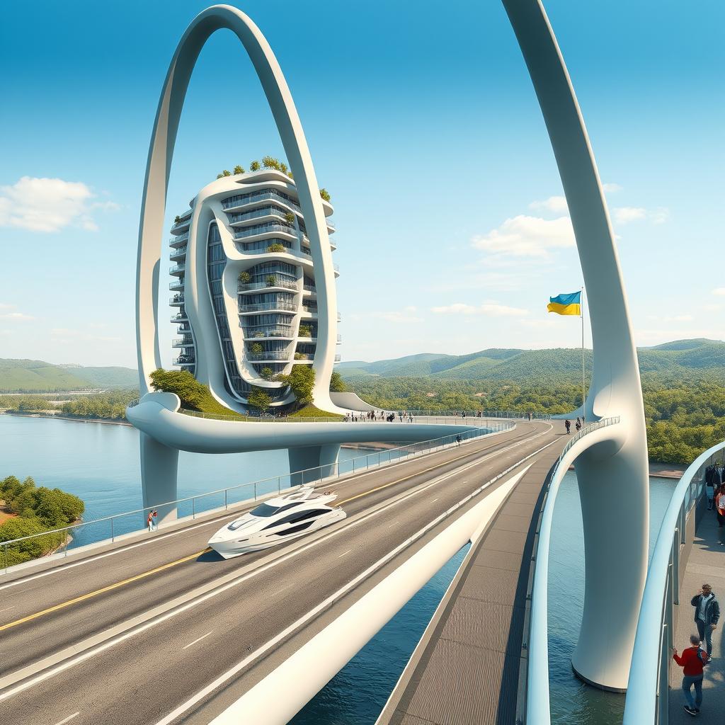 A futuristic scene featuring a bridge with high bionic arches