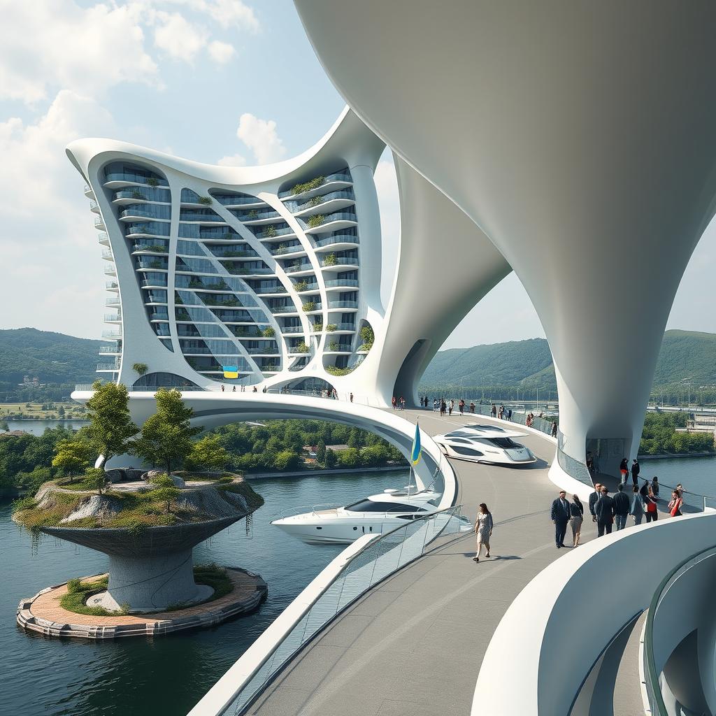 A futuristic scene featuring a bridge with high bionic arches