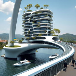 A futuristic scene featuring a bridge with high bionic arches