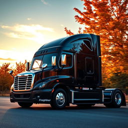 a shiny black Freightliner Cascadia parked gracefully against a stunning sunset, bordered by the rich vibrancy of autumn trees swaying gently in the breeze