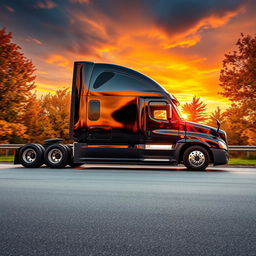 a shiny black Freightliner Cascadia parked gracefully against a stunning sunset, bordered by the rich vibrancy of autumn trees swaying gently in the breeze